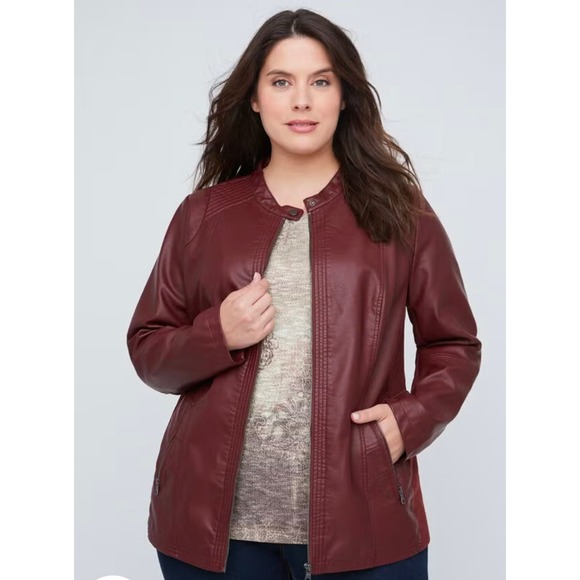 New Catherines 5X Vegan Leather Burgundy Moto Jacket Full Zip Plus Size - Picture 1 of 8